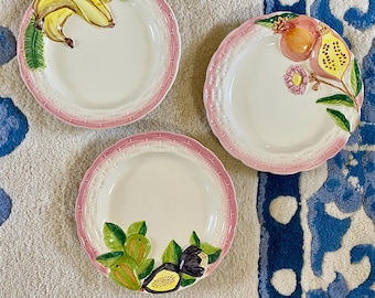 Set of 3 Vintage Porta Portugal Majolica Fruit Plates - Bananas, Figs & Pomegranate 9” Pink Basketweave Rim Ceramic Dishes Portuguese Wall