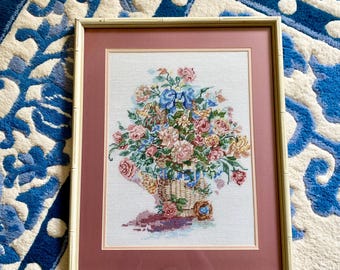 Vintage Candamar Floral Needlepoint in Faux Bamboo Frame ‘Something Special’ Kit 30753 w/ Basket of Pink Roses, Blue Ribbon & Garden Blooms