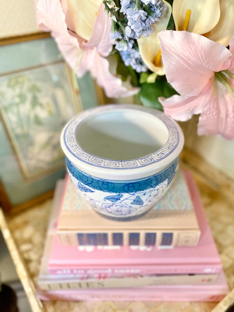 May include: A blue and white porcelain planter with a floral design. The planter is sitting on a stack of books with pink covers.