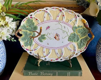 Vintage Chelsea House Butterfly Serving Platter w Raised Vine Handles, Colorful Floral Plate Wall, Grandmillennial Style Decor