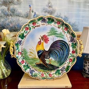 Large Italian Majolica Rooster Vintage Scalloped Wall Plate Platter w/ Handles Hand-Painted Fruit Border Marked Made in Italy Tuscan Kitchen