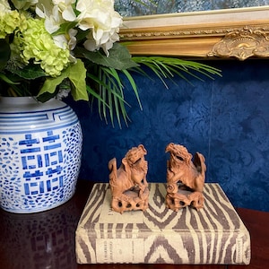 Rare Pair of Antique Small Chinese Foo Dogs Lions Boxwood Carvings, late Qing Dynasty | Lucky Foo Dog Figurines Statues Hand Carved Wood Art