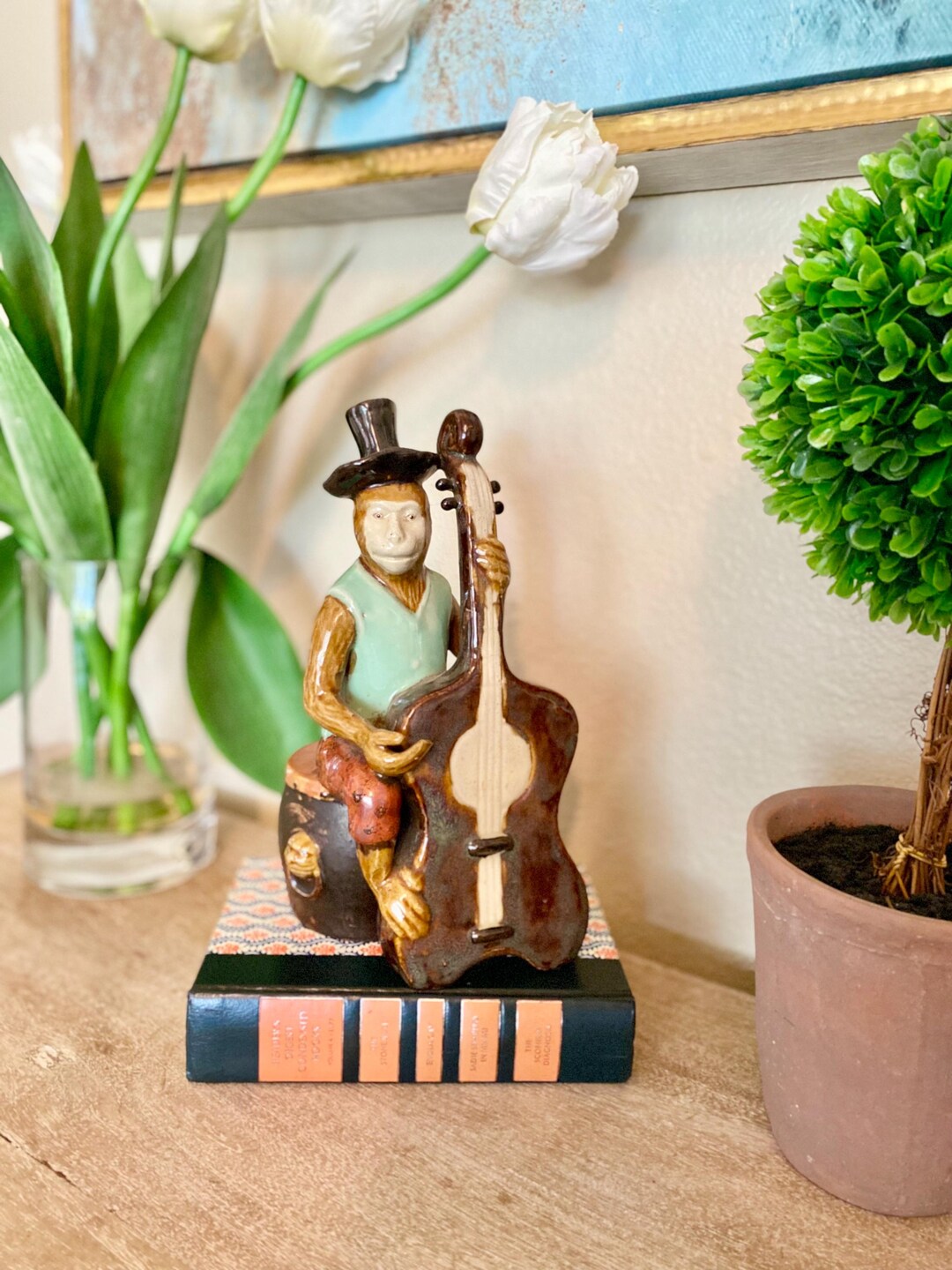 Calliope Instrument Monkey Vintage Musician Monkey Statue Playing Bass Cello Instrument Porcelain ...
