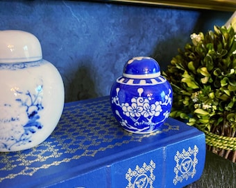 Tiny Mini Royal Blue & White Floral Cherry Blossom Chinoiserie Ginger Jar