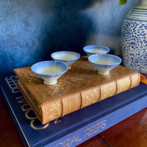May include: Four small, porcelain bowls with a blue and white gradient design are arranged on a vintage book with gold lettering. The bowls are white at the base, transitioning to a light blue rim. The book is atop a blue book with gold lettering.