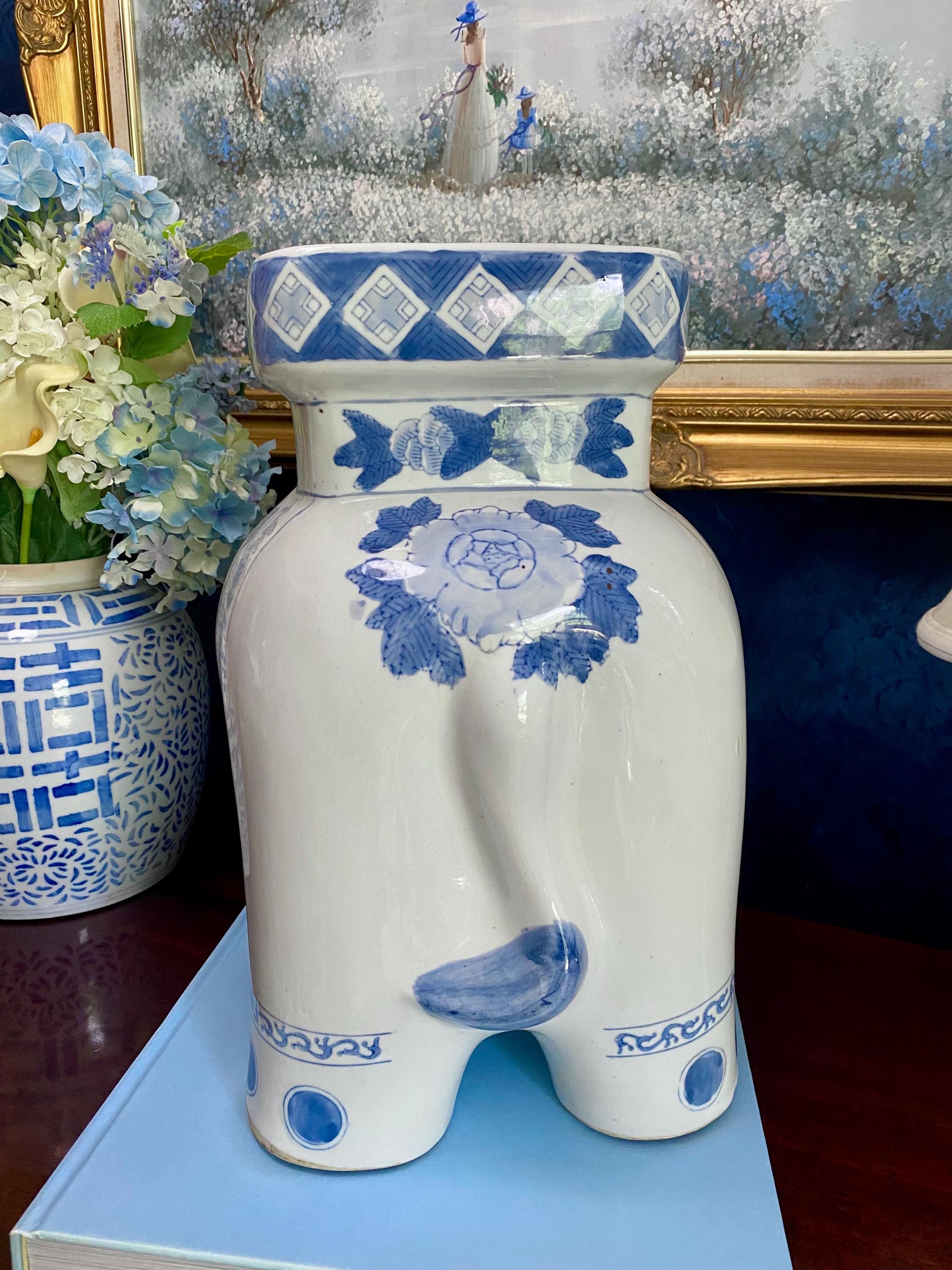 Vintage Blue & White Chinoiserie Porcelain Elephant Garden Stool