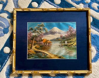 Vintage Framed Silk Embroidery Landscape Scene w/ Mt. Fuji, Gold Faux Bamboo Frame, Blue Matting, Japanese Style Wall Art Chinoiserie Decor