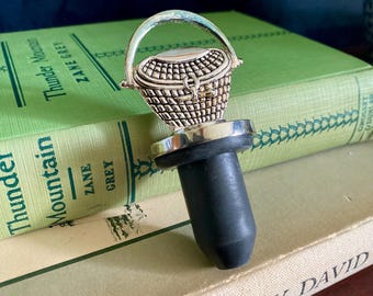 Vintage Silver Plated Nantucket Basket Wine Stopper Cork, Hostess Gift, Coastal Regency, Grandmillenial Chic Table Decor, Cottagecore Dining