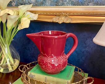 Vintage Bordallo Pinheiro Portugal Cranberry Red Majolica Pottery Jug Pitcher Embossed Grapes & Leaves | Fall Autumn Thanksgiving Decor