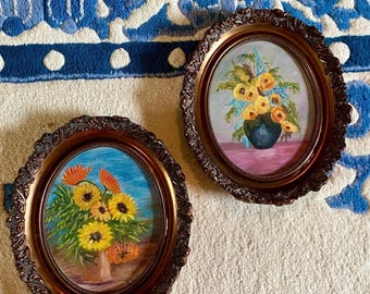 Pair of Vintage Oval Floral Paintings in Ornate Frames Original Acrylic Still Life on Canvas, Yellow & Orange Sun Flowers 13x11” Cottagecore