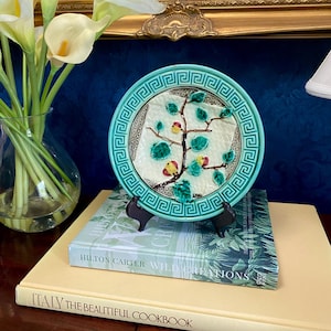 Antique Majolica Plate w/ Fruit + Greek Key Border – Green Turquoise Raised Design – 7.5” Wall Decor – Colorful Cottage Kitchen Display
