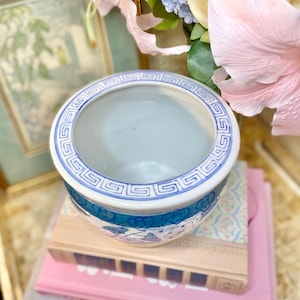 May include: A white ceramic planter with a blue and white geometric design. The planter has a wide rim and a rounded base. It is sitting on a stack of books.