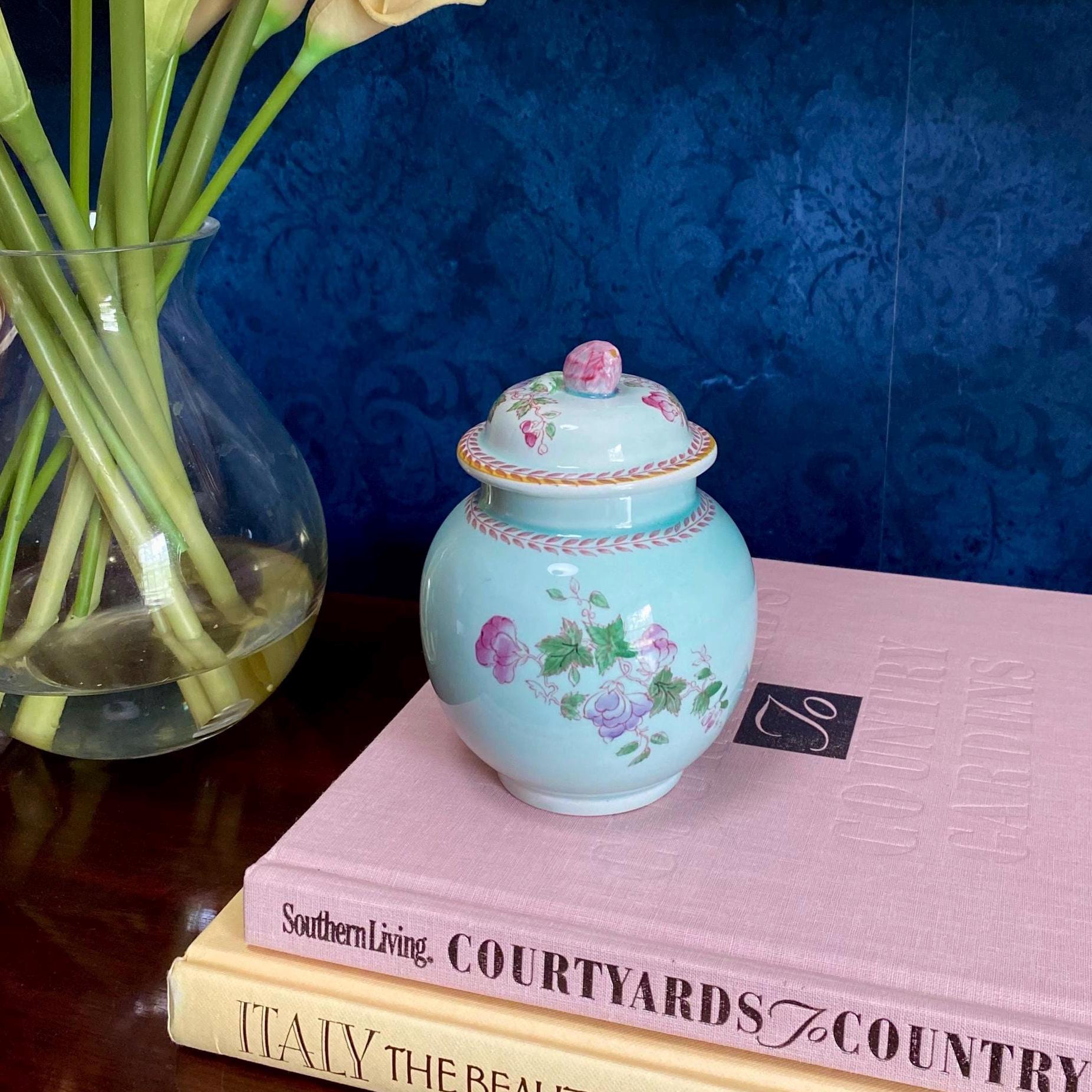 Vintage Adams Calyx Ware Lidded Ginger Jar Metz Pattern Mint Green Floral English Ironstone Cottagecore Grandmillenial Chinoiserie