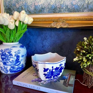 Blue & White Porcelain Chinoiserie Octagonal Vintage Medium Sized Planter with Flowers Floral | Grandmillenial Chic Decor