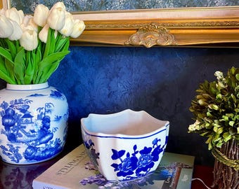 Blue & White Porcelain Chinoiserie Octagonal Vintage Medium Sized Planter with Flowers Floral | Grandmillenial Chic Decor