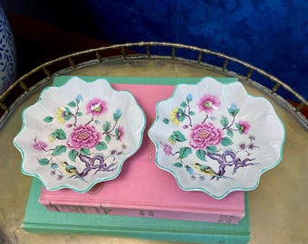 Pair of Vintage James Kent Old Foley “Chinese Rose” Scalloped Trinket Dishes, Birds & Flowers Pattern, Made in England, Pink + Mint Floral