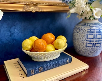 Vintage Italian Majolica Orange & Lemon Centerpiece Bowl – Light Yellow Basketweave Fruit Bowl w/ Glazed Lemons Oranges – Made in Italy
