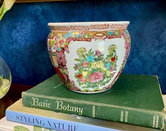 Vintage Rose Medallion Chinese Porcelain Cachepot HandPainted Floral Motif 6.25” Fishbowl Planter Bowl Chinoiserie Grandmillennial Jardinere