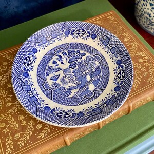 May include: A round ceramic saucer featuring a classic blue and white willow pattern. The design includes a central landscape with a pagoda, willow trees, and a bridge, surrounded by a geometric lattice border with floral and architectural motifs.