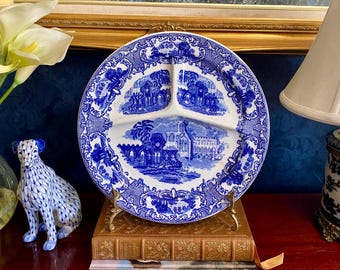 Antique Petrus Regout Maastricht Abbey Blue & White Transferware Divided Plate Made in Holland 11” Scenic Sectioned Dish Craquelure Patina