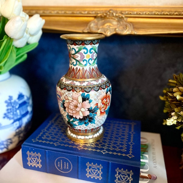 White Cloisonné 8” Vase with Flowers & Butterflies Floral Vintage Asian Enamel Gold Trim