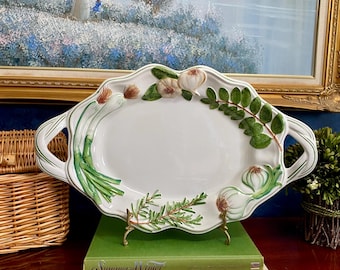 Vintage Vietri Italian Veggie Platter – Hand-Painted Ceramic Tray w/ Garlic, Scallion, Rosemary, Herb Design, Made in Italy, Majolica Style