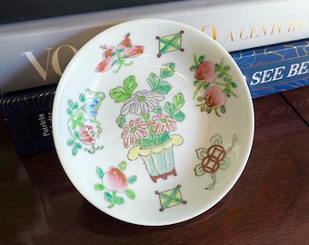 Handpainted in Macau for the Adolphus Floral Butterfly Fruit Chinoiserie Vintage Porcelain Trinket / Ring / Jewelry Dish with Wall Hanger