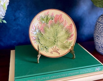 Vintage 1950s West German Majolica Leaf Plate Botanical Relief Green + Pink Decorative Plate Wall Grandmillennial Cottagecore Decor