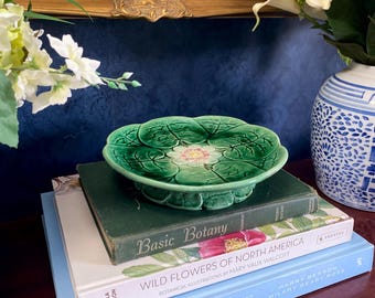 Antique 19th Century Majolica Water Lily Pedestal Dish | Green Glazed Leaf Plate, Botanical Grandmillenial Victorian Decor Display Stand