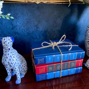 May include: A stack of three hardcover books tied with twine. The top and bottom books are blue, and the middle book is red. A blue and white ceramic dog figurine is in the foreground.