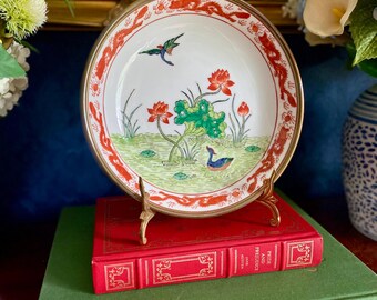 Vintage Brass Encased Porcelain Bowl Hand Painted, Made in Hong Kong, Lotus Bird Motif Red Dragon Rim Asian Decor Chinoiserie Display Dish