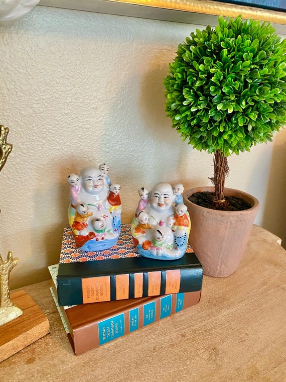 One Vintage Chinese Porcelain Laughing Lucky Happy Fertility God / Buddha  Statue With 5 Children Famille Rose Jingdezhen China