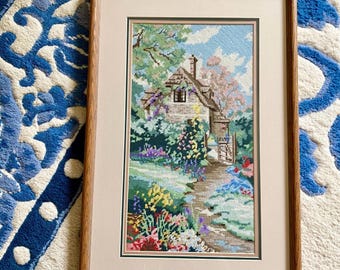 Vintage Framed + Matted Dimensions Needlepoint Cottage Scene in Bloom Garden Flowers, Trees & House – 1997 Signed Fiber Art Wall Decor 24x16