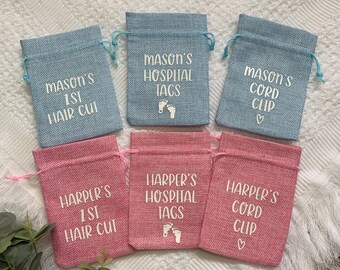 Personalised Baby Gift Keepsake Memory Bags Hospital Tags 1st Hair Cut Cord Clip