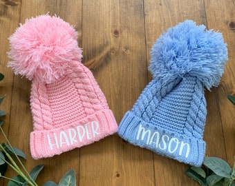 Personalised Baby Pom Pom Hat 0-6 Months Pink Blue