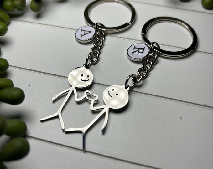 Couples Stickman Matching Keyring | His | Hers | Two Piece | Hearts Sliver Keychain | Two Parts | Personalised Gift Anniversary Valentines