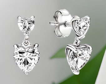 Sterling Silver Heart Dangle Earrings, Heart Earrings, Dangle Studs,  Earrings, Heart Studs, Earrings For Mum, Earrings for Girlfriend