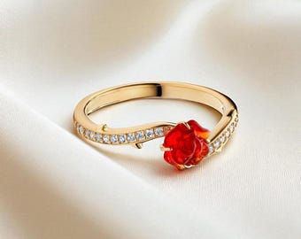 Anillo Rosa Encantada de La Bella y la Bestia, chapado en oro de 14 k con cristal de Murano y circonitas cúbicas, joya de cuento de hadas para mujer.