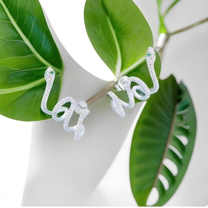 Silver Snake Stud Earrings, Silver Earrings, Snake Wrap Around Studs, Animal Earrings, Green-Eyed Snake Earrings, Thin Snake Studs