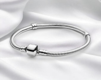 Barrel Clasp Snake Chain Bracelet in Hallmarked Sterling Silver, Elegant Charm Bracelet, Ideal for Daily Wear, Gift For Her