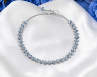 Blaue Schleife Halskette Inspiriert von Bridgerton, Sterling Silber Halskette für Frauen, Regency Style Blue Crystal Schmuck Geschenk für Sie