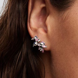 Pu&ograve; includere: Orecchini a bottone argentati con un design a personaggio dei cartoni animati. Gli orecchini hanno dettagli blu, rosa e viola. Gli orecchini sono mostrati su un orecchio.