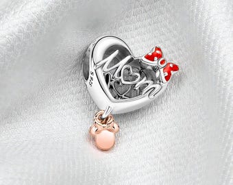 Minnie Mouse Mum Heart Charm, Rose Gold Plated Whimsical Jewellery for Women, Magical Gift for Her, Fits On Pandora Bracelet