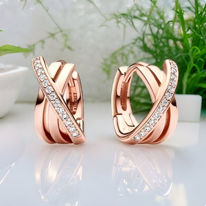 Pavé Crossover Rose Gold Hoop Earrings, Pandora Style Earrings, Rhinestone Earrings, Crossover Earrings, Gift For Mum, Gift For Girlfriend