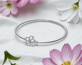 Flower Bangle In Sterling Silver, Floral Charm Bangle Bracelet For Women, Sparkling Silver Floral Jewellery Gift For Her