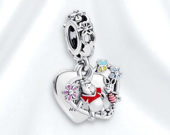 Winnie the Pooh & Piglet Double Dangle Charm, Sterling silver Jewellery, Lovely Gift for Her, Fits On Pandora Bracelet