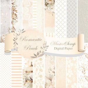 May include: A collection of digital paper sheets with various patterns and textures in soft peach, cream, and gray tones. Floral, lace, and geometric designs are featured. The text "Romantic Peach" and "Master Scrap Digital Paper" are displayed.