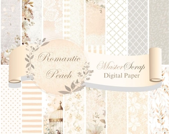 Romantic Peach Digital Paper Pack, Shabby Chic Floral Scrapbook Backgrounds (Digital Download)