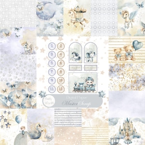 Digital Baby Scrapbook Paper Set. Baby World. Blue and beige. Ideal for Scrapbook and Cardmaking. Nursery Decor. Perfect for DIY Projects