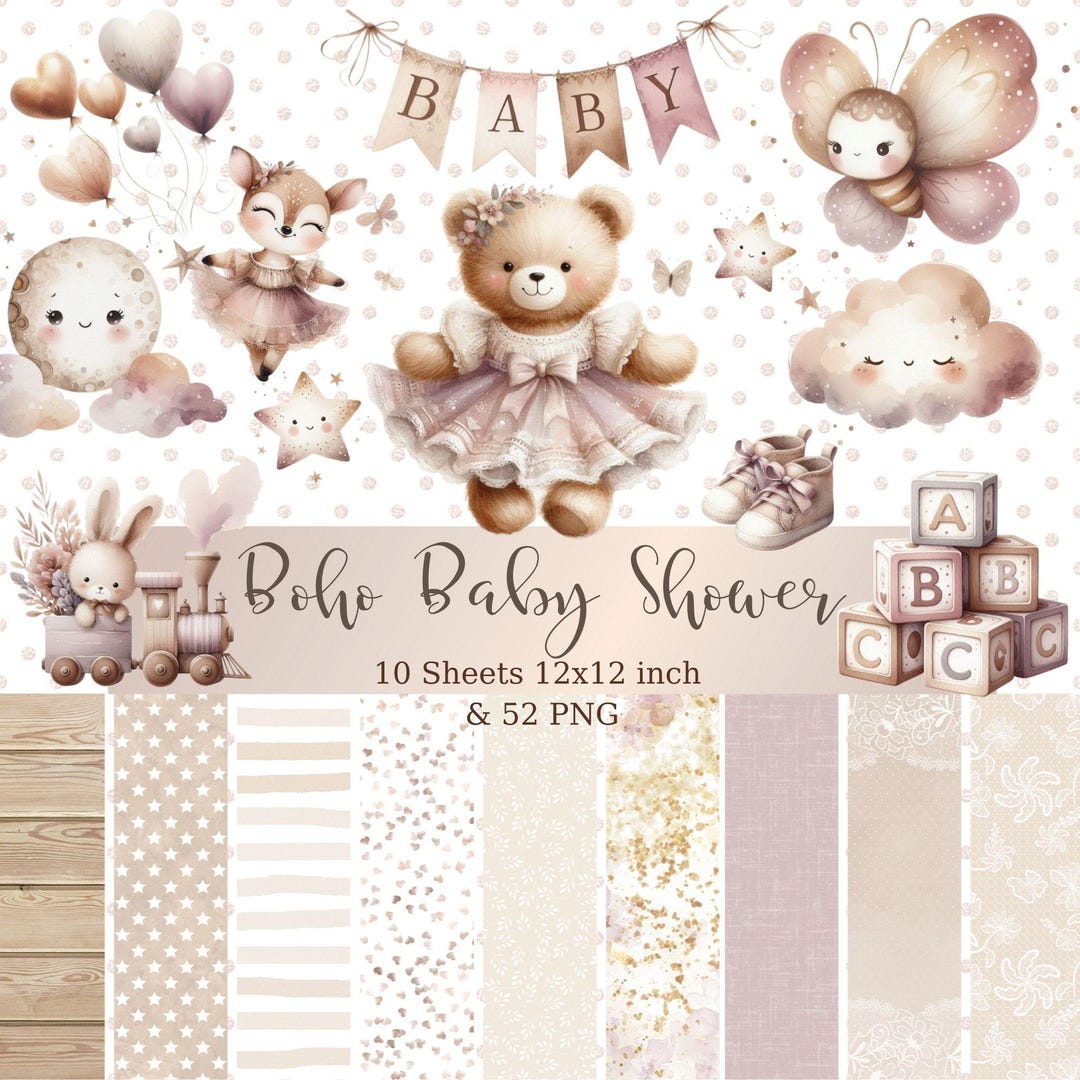 Boho Baby Shower Clipart PNG Set: Watercolor Animals, Neutral Nursery ...